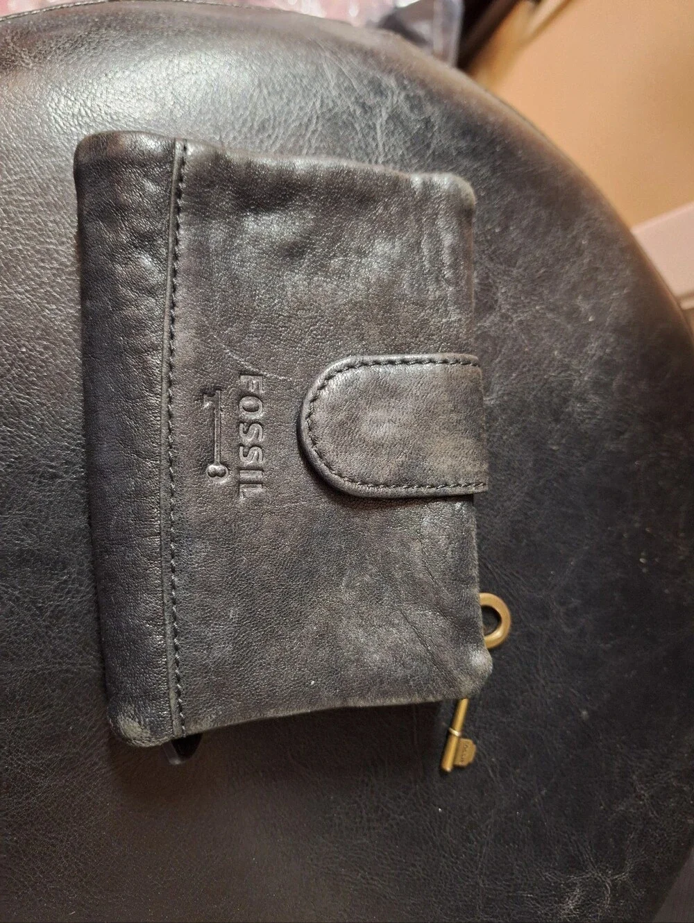 Fossil Black Smooth Leather Double Zip Coin Pouch Wallet Vintage Key Pulls Soft